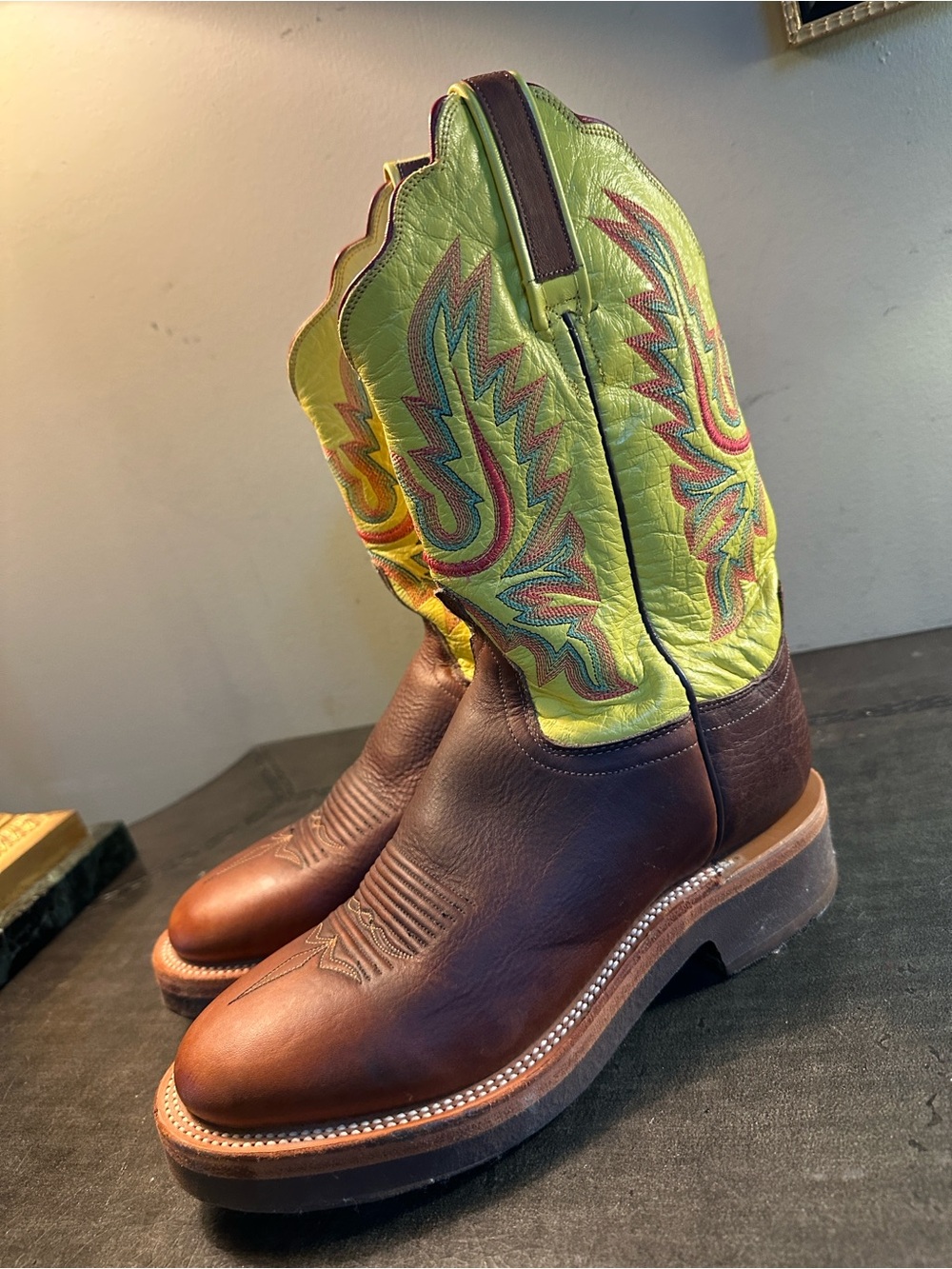 Women’s CLB Brown Leather Western Boots with yellow Embroidered Shaft